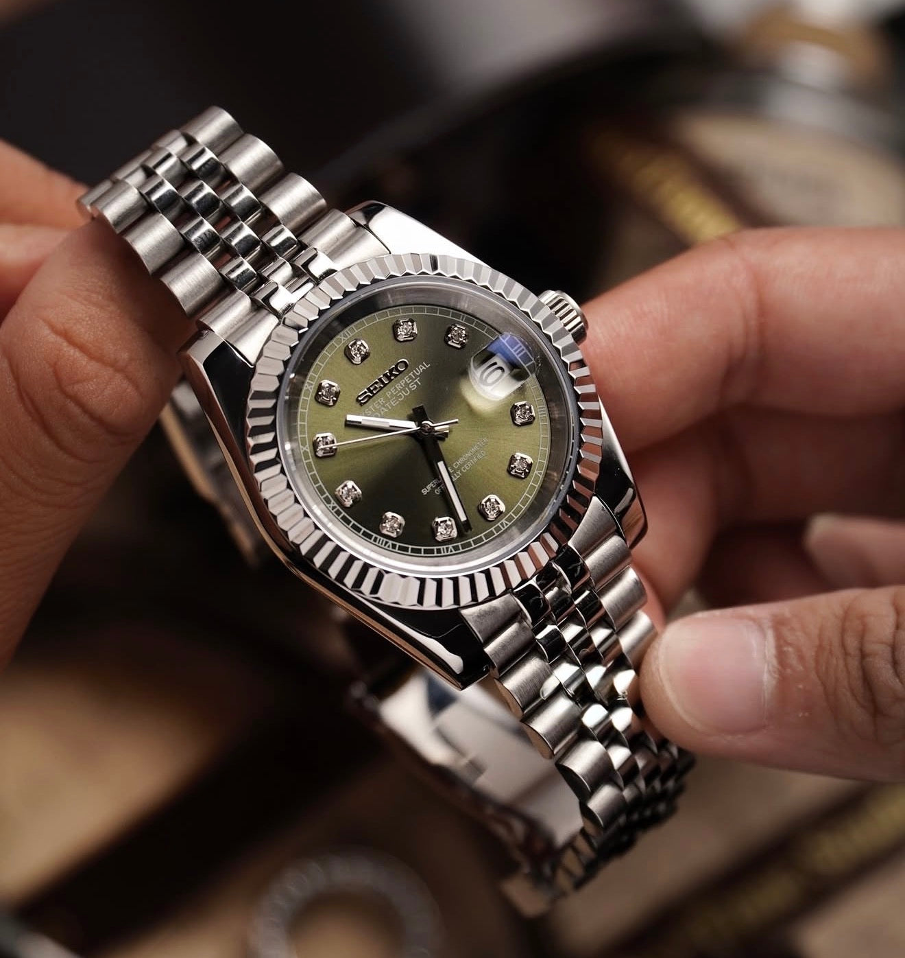 Seiko Date-just Mod ‘Olive Green Diamond Dial’ 36/39