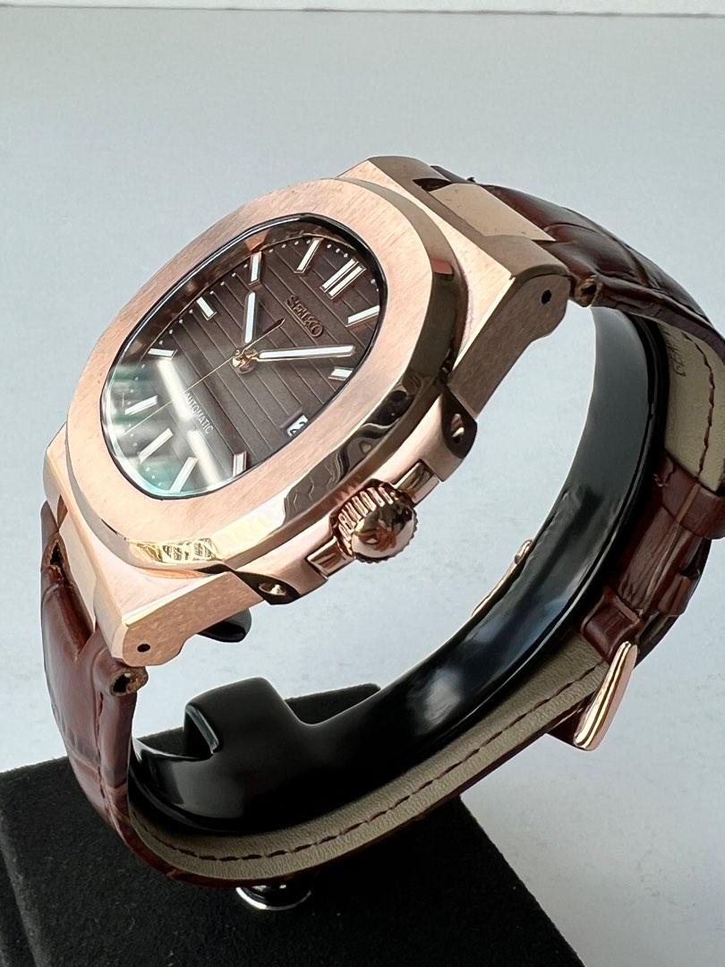 Rose Gold Nautilus “Seikonaut” Brown Leather Strap 40