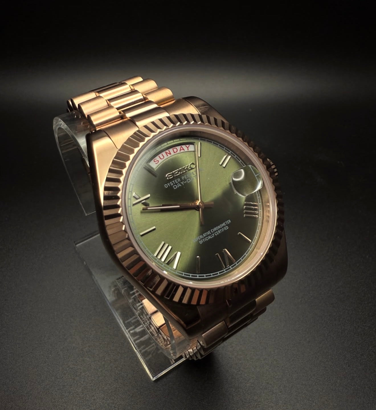 Seiko Day-date Mod ‘Rose Gold Roman Green Dial’ 36/39