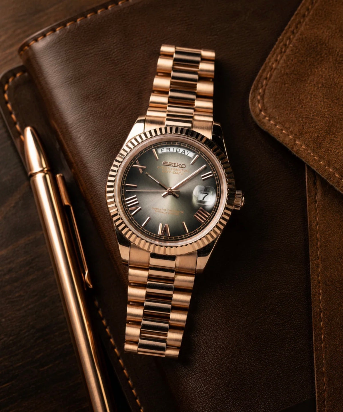 Seiko Day-Date Mod ‘Rose Gold Charcoal Roman Dial’ 39