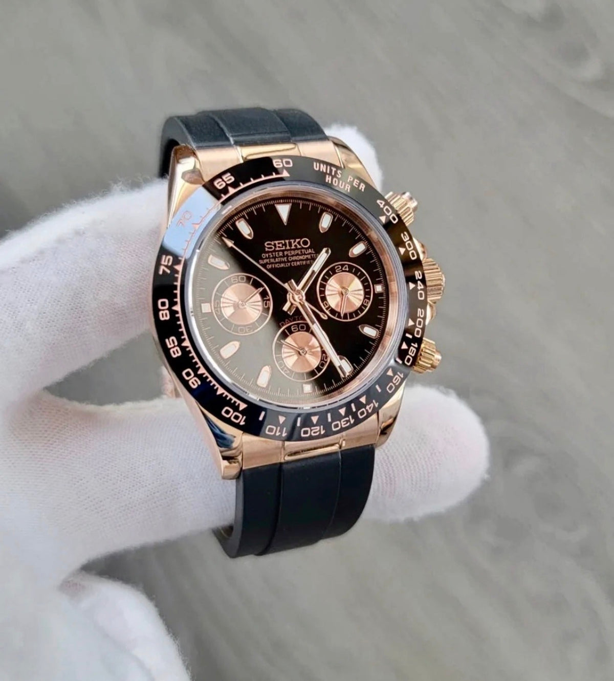 Seiko Daytona Mod Oyster-flex  ‘Rose Gold/ Black Dial’ 40