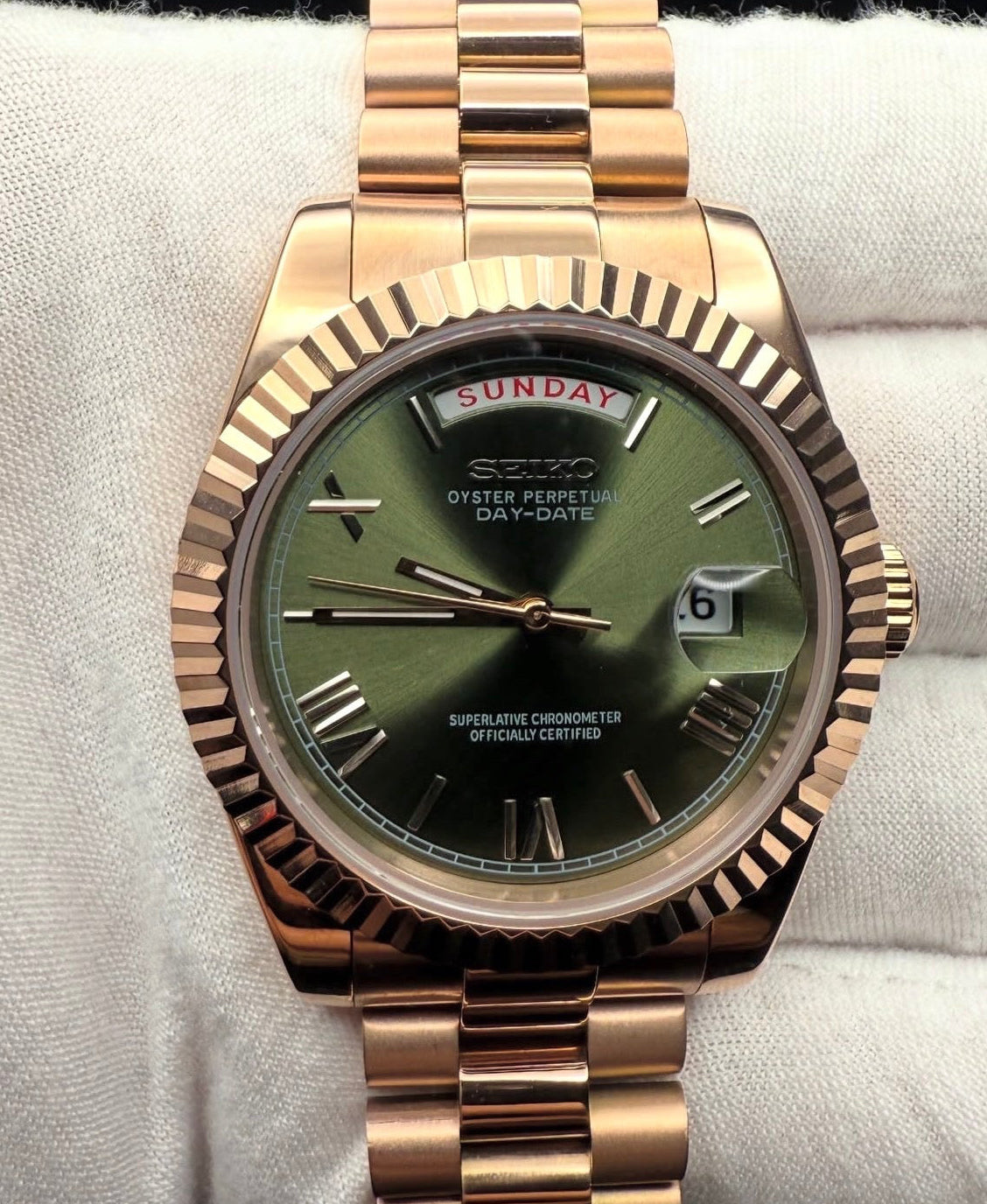 Seiko Day-date Mod ‘Rose Gold Roman Green Dial’ 36/39