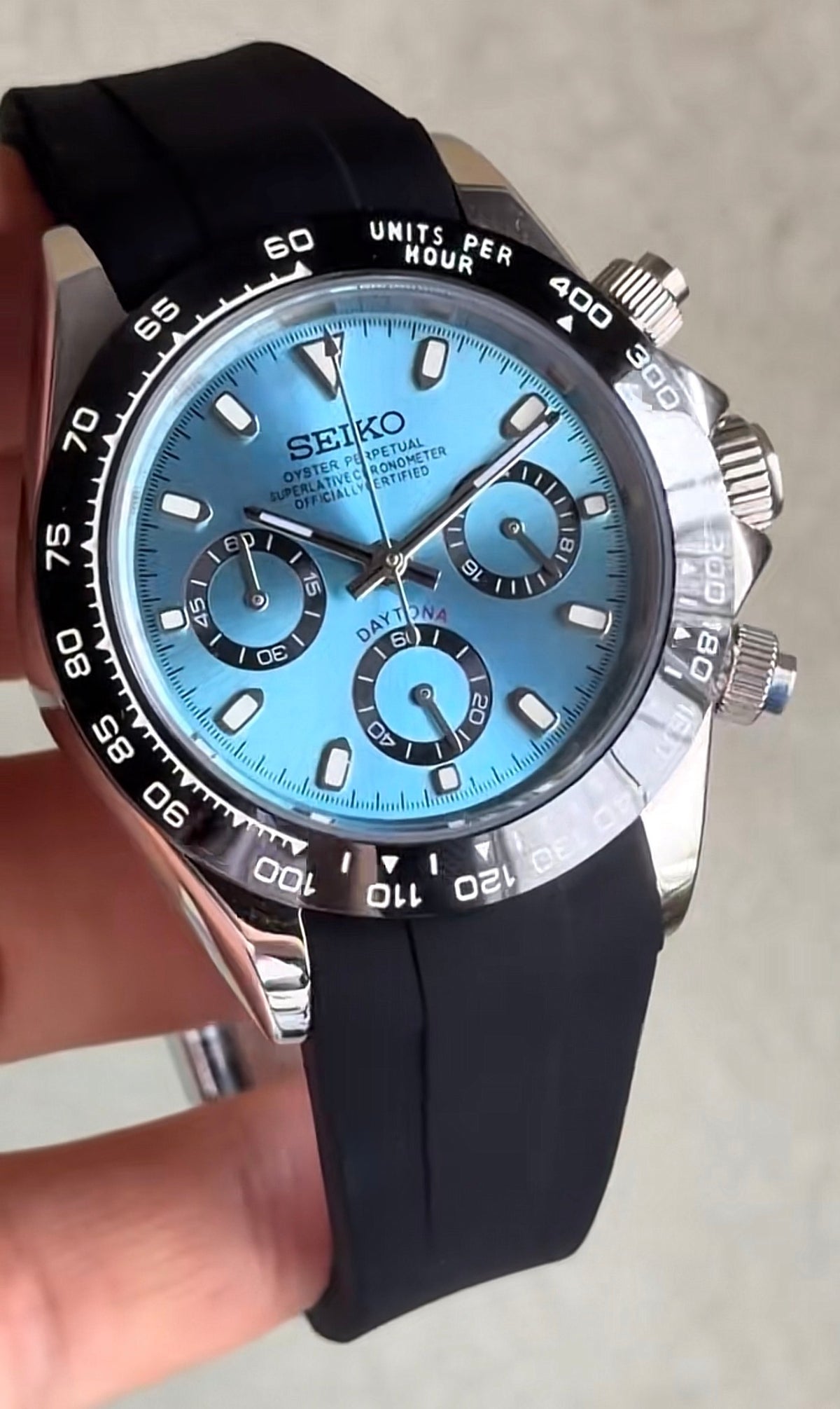 Seiko Daytona Mod ‘Aqua Blue Dial Rubber Strap’ 40