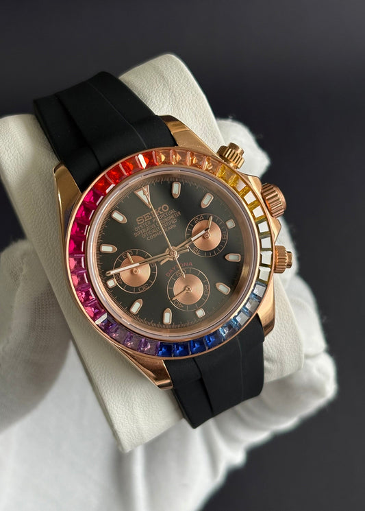 Seiko Daytona Mod Rose Gold ‘Rainbow Bezel/ Rubber Strap’ 40