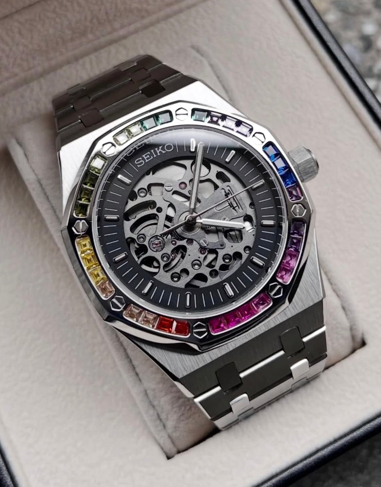 Seiko Royal Oak Mod ‘Steel Skeleton/Rainbow Bezel’ 40 (NH72)