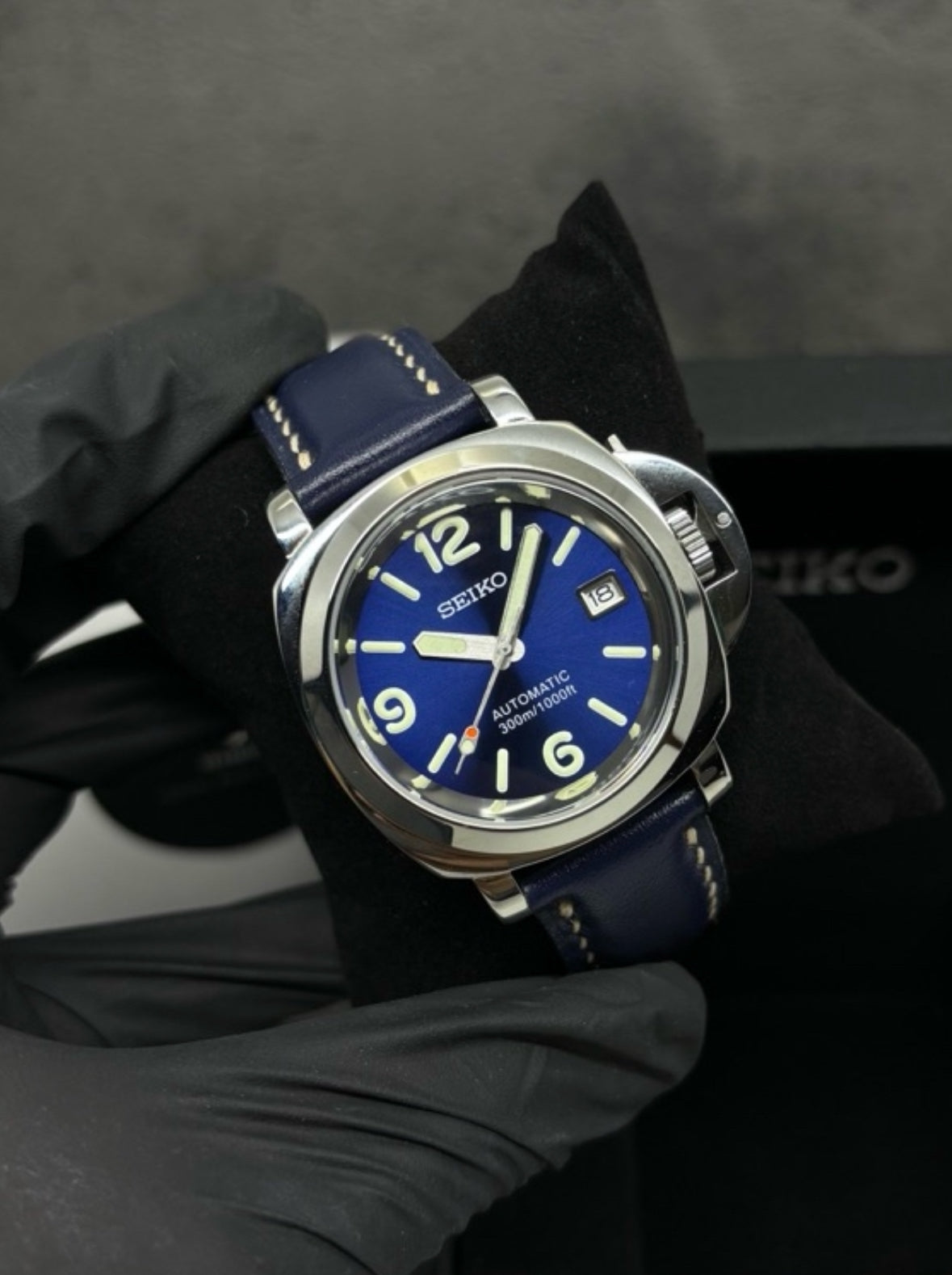 Seiko Panerai-Inspired Mod Watch – Navy Blue Dial, NH35, Leather 