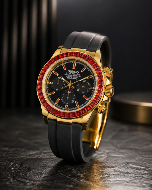 Seiko Daytona Mod Oyster-flex ‘Orange/Red Baguette Bezel Black Dial’ 40