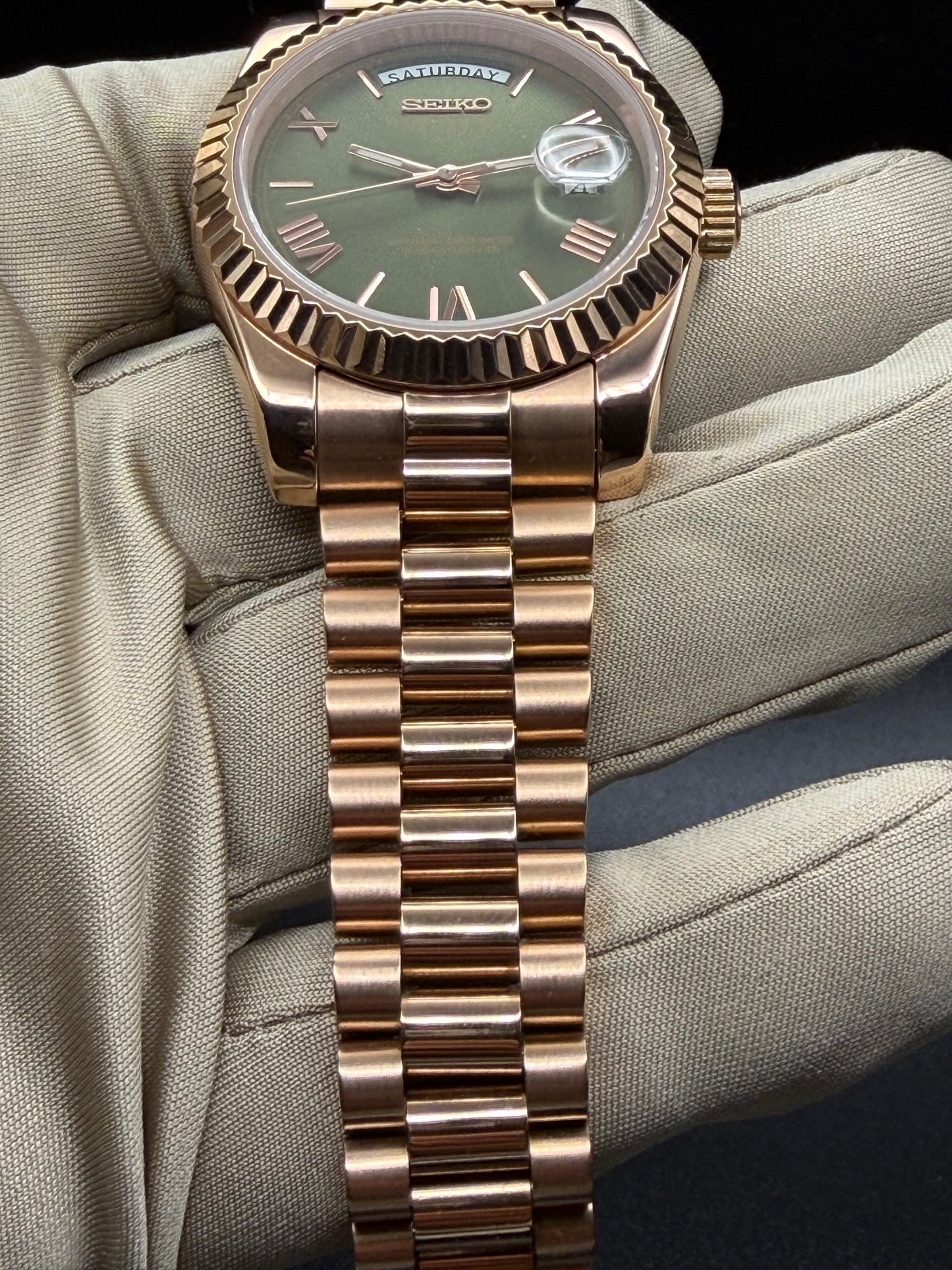 Seiko Day-date Mod ‘Rose Gold Roman Green Dial’ 36/39