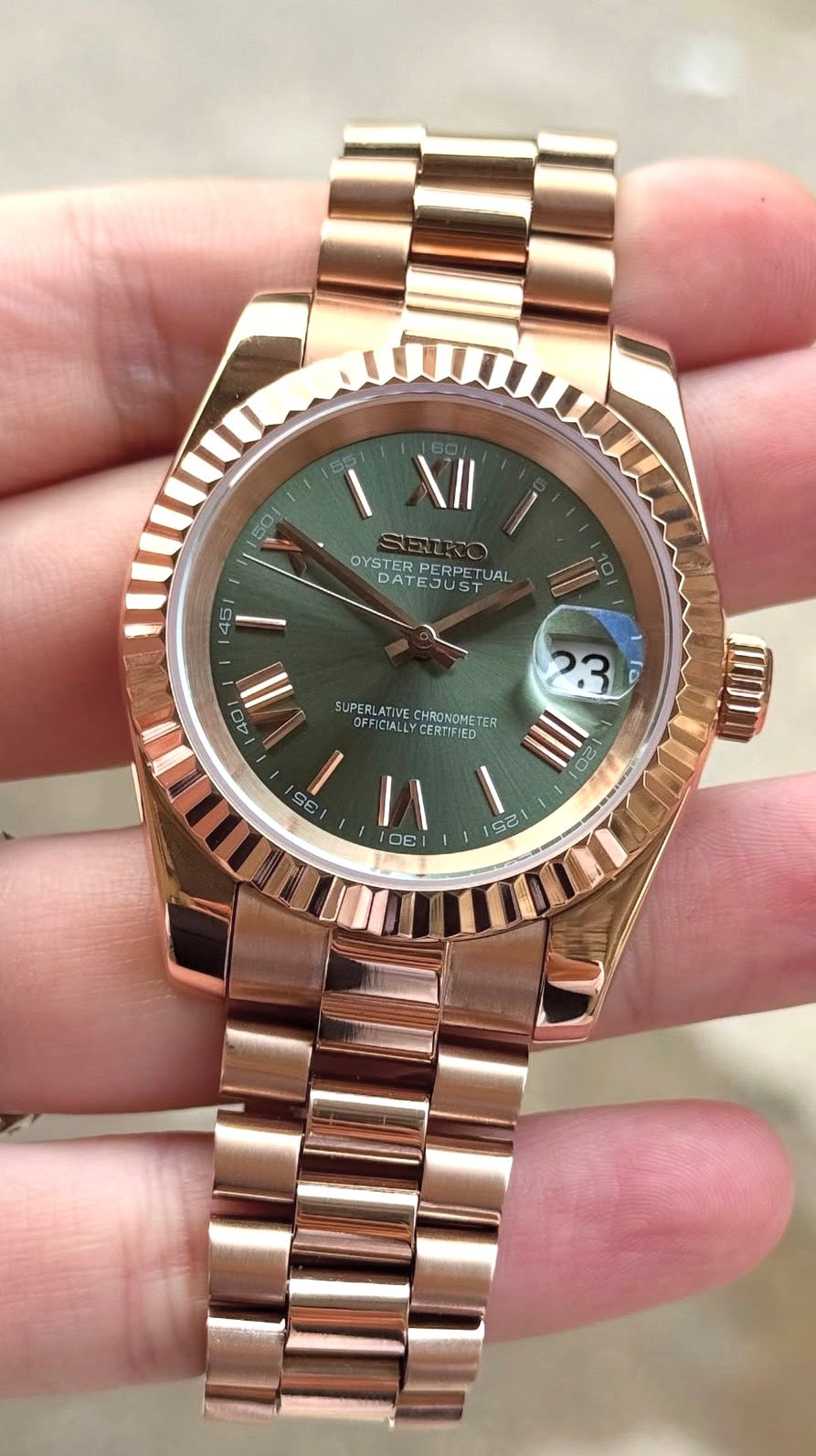 Seiko Date-just Mod ‘Rose Gold Green Roman Dial’ 36/39