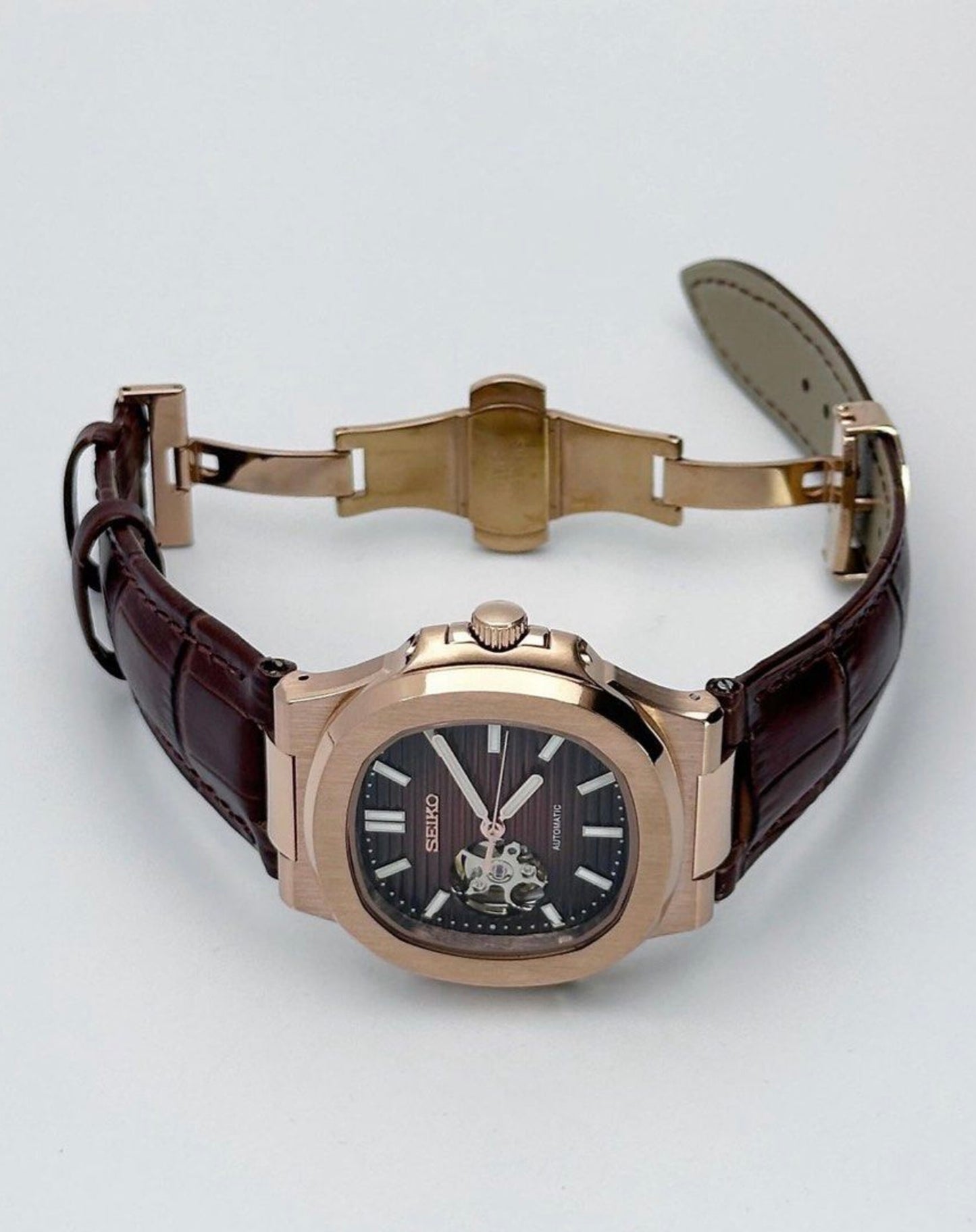 Seiko Nautilus Mod Rose Gold ‘Seikonaut Brown Leather Strap’ Open Heart 40