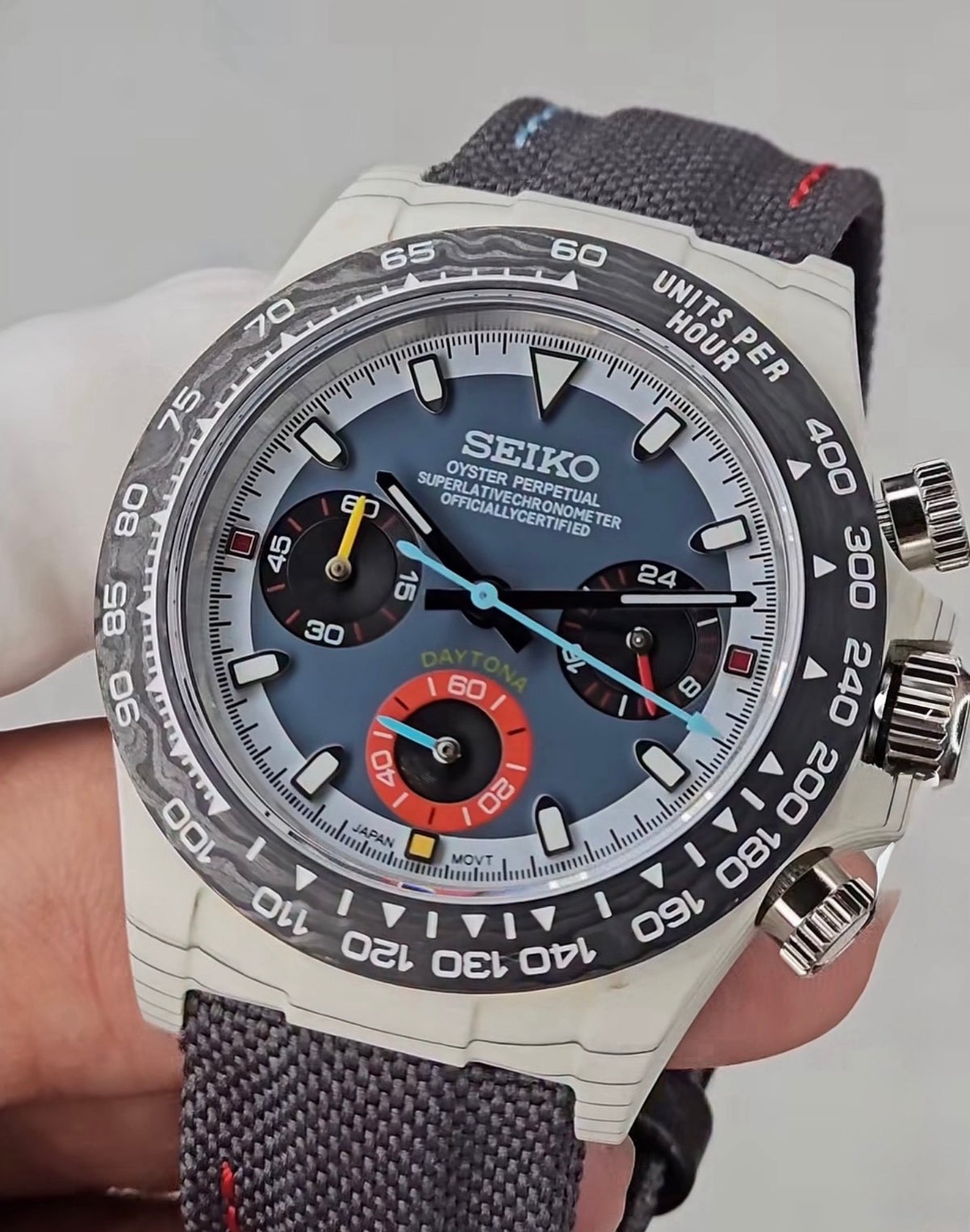 Seiko Daytona Mod ‘White Carbon Fibre- Blue/red subdial’ 40