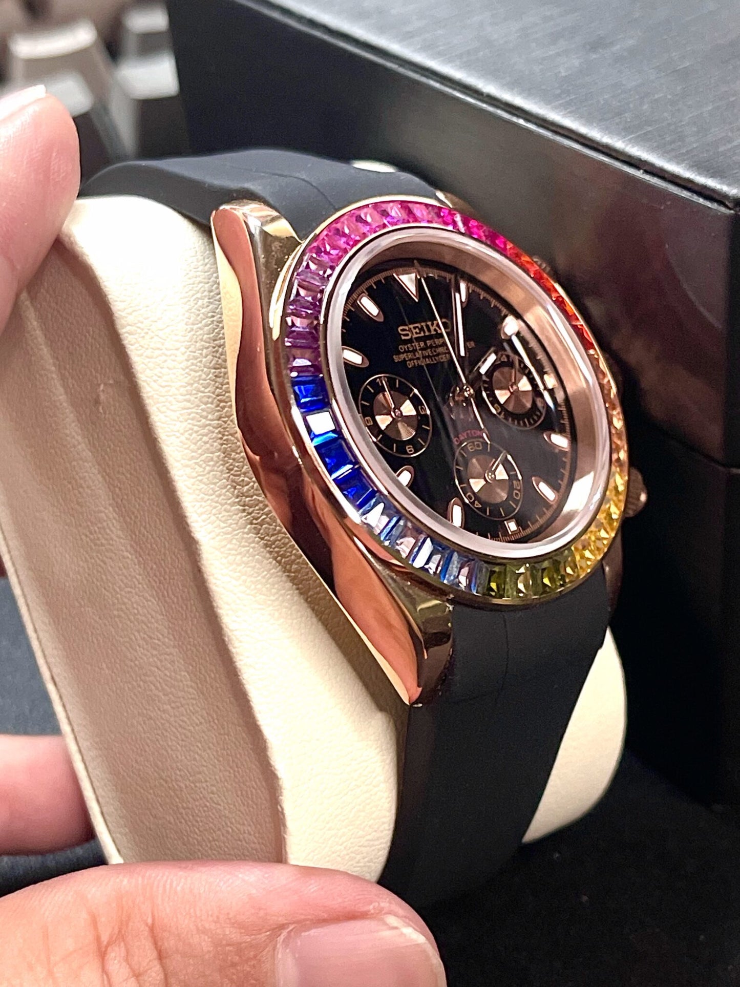 Seiko Daytona Mod Rose Gold ‘Rainbow Bezel/ Rubber Strap’ 40