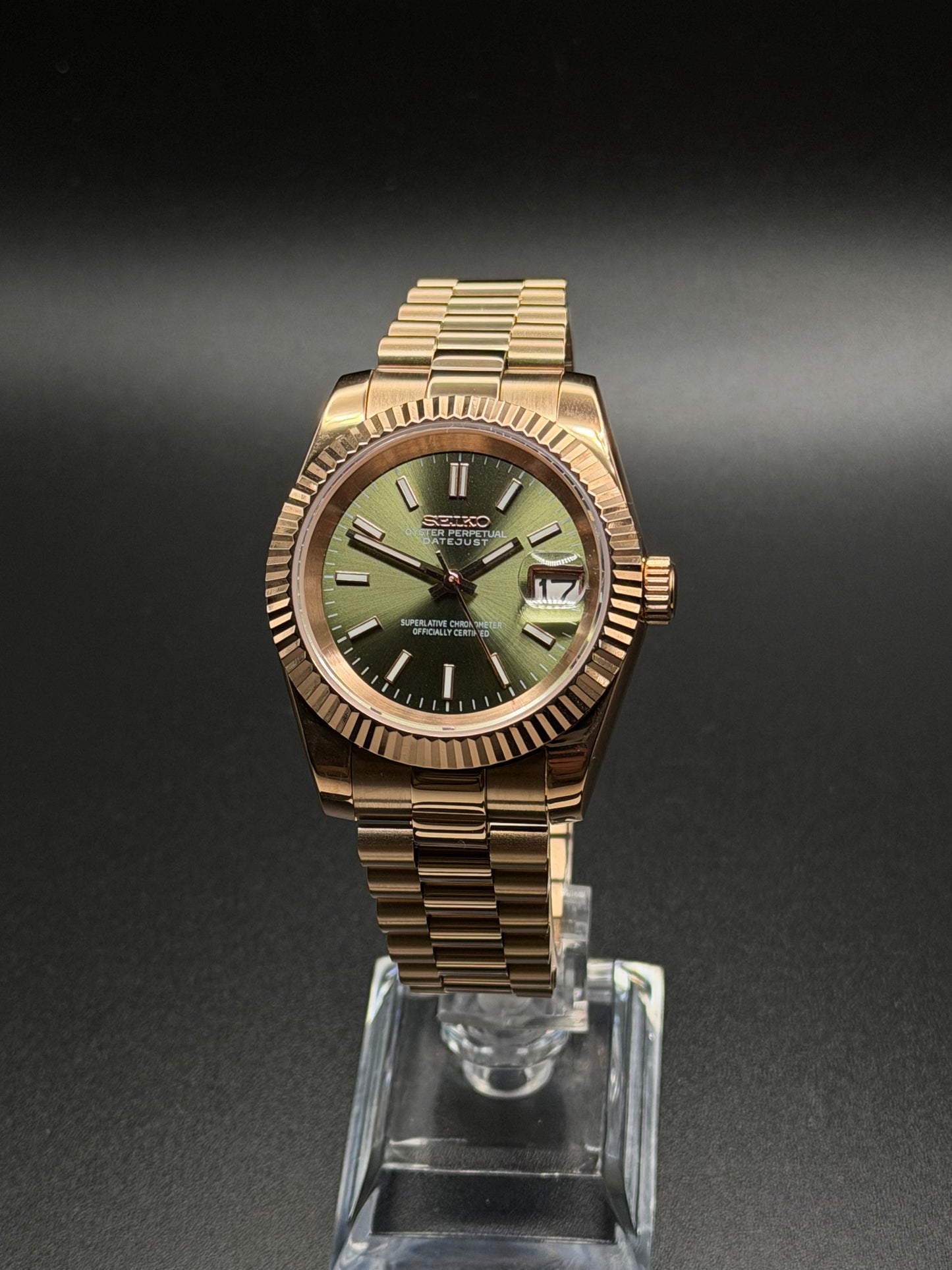Seiko Date-just Mod ‘Rose Gold/ Olive Green Stick Dial’ 36/39