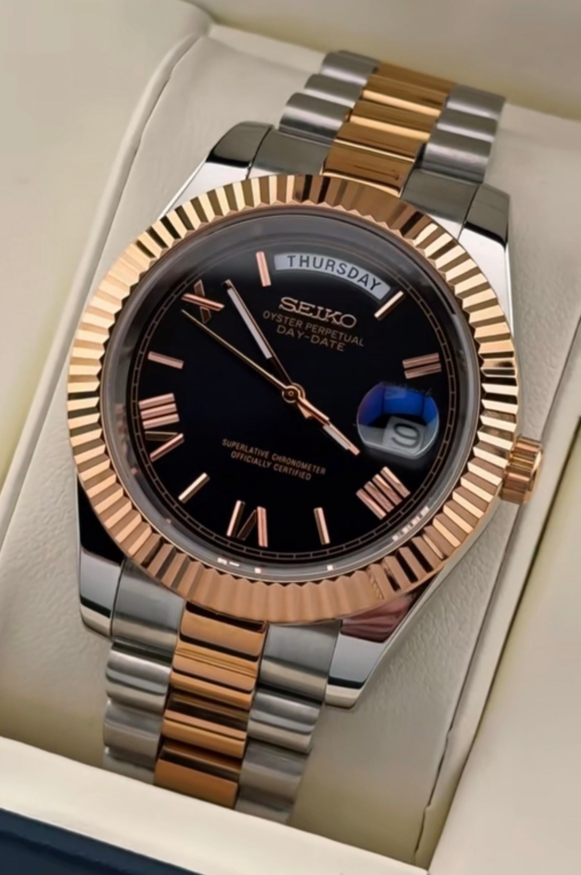 Seiko Day-date Mod Rose Gold ‘Two-tone Black Dial’ 39