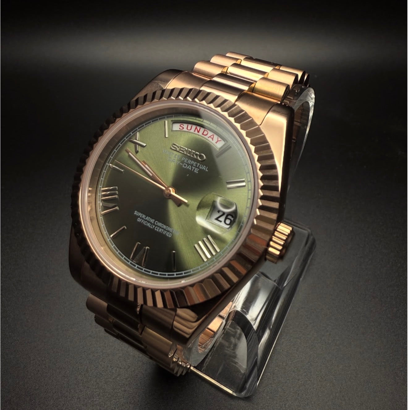 Seiko Day-date Mod ‘Rose Gold Roman Green Dial’ 36/39