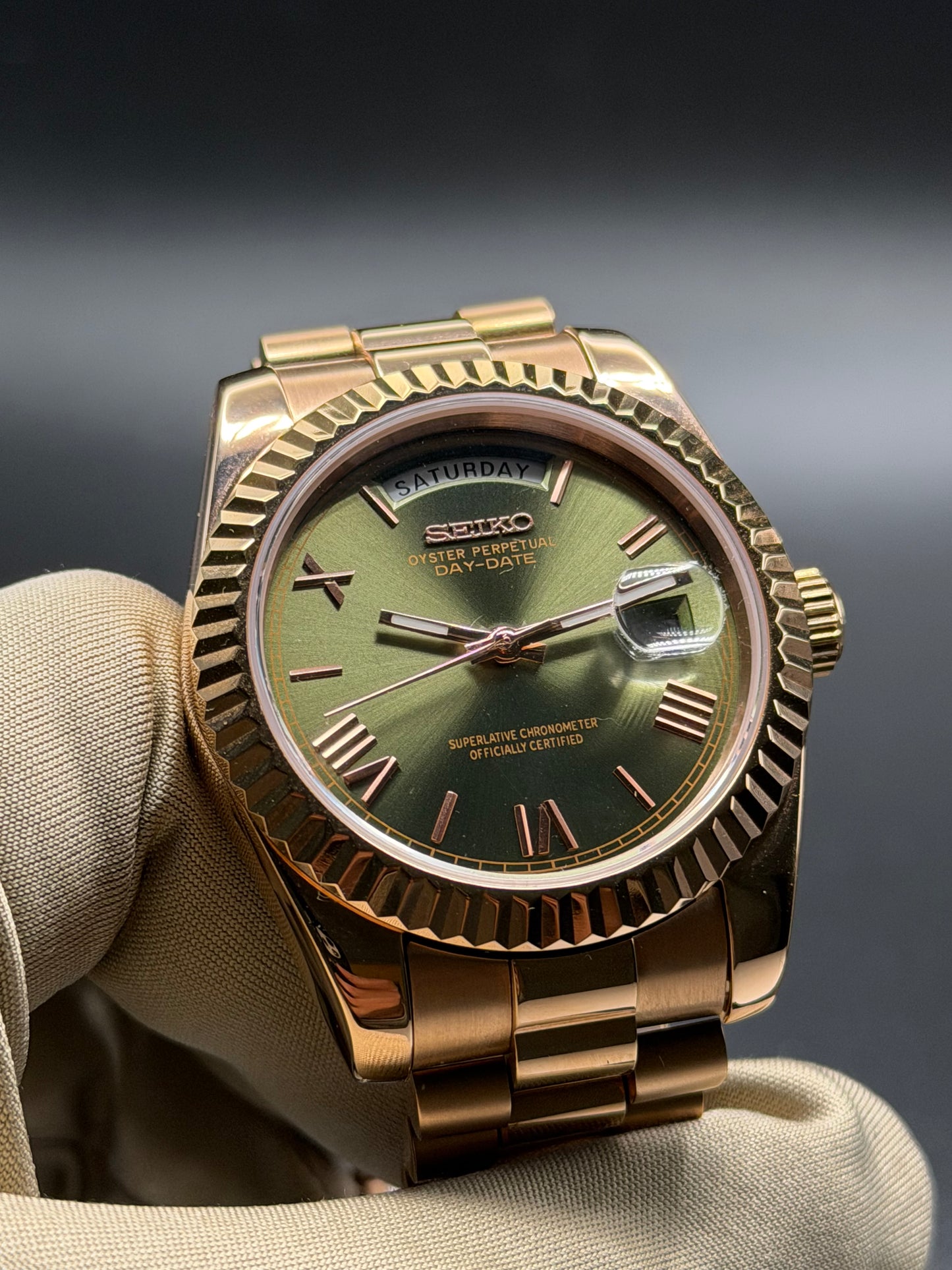 Seiko Day-date Mod ‘Rose Gold Roman Green Dial’ 36/39