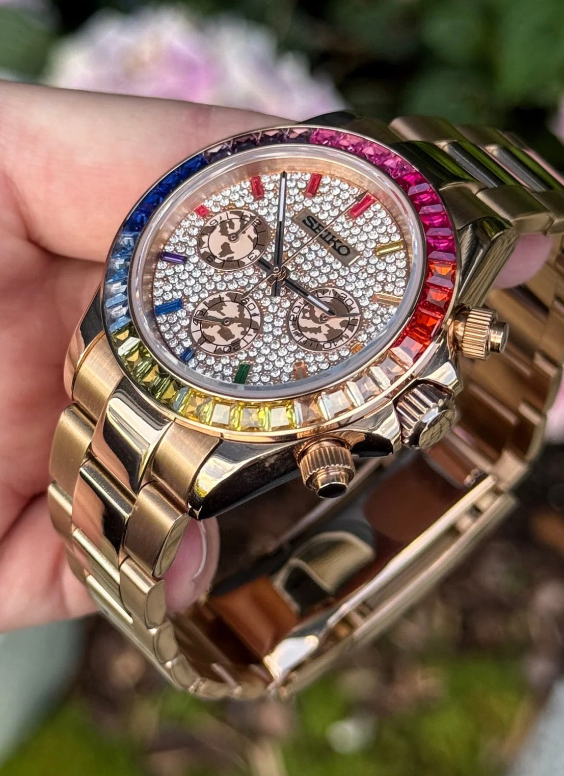 Seiko Daytona Mod Rose Gold ‘Rainbow Bezel/Iced Dial’ 40