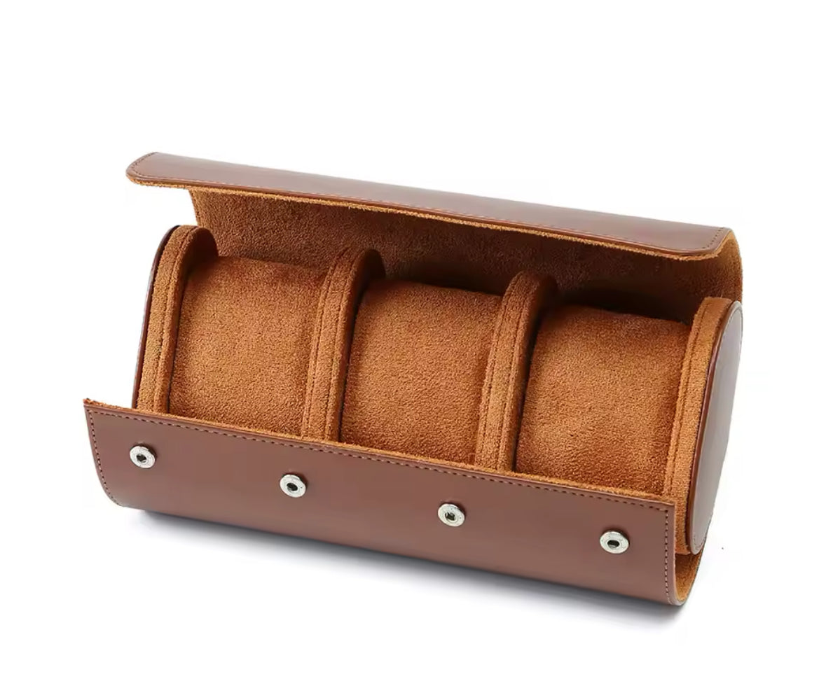 3-Slot Brown Leather Watch Case