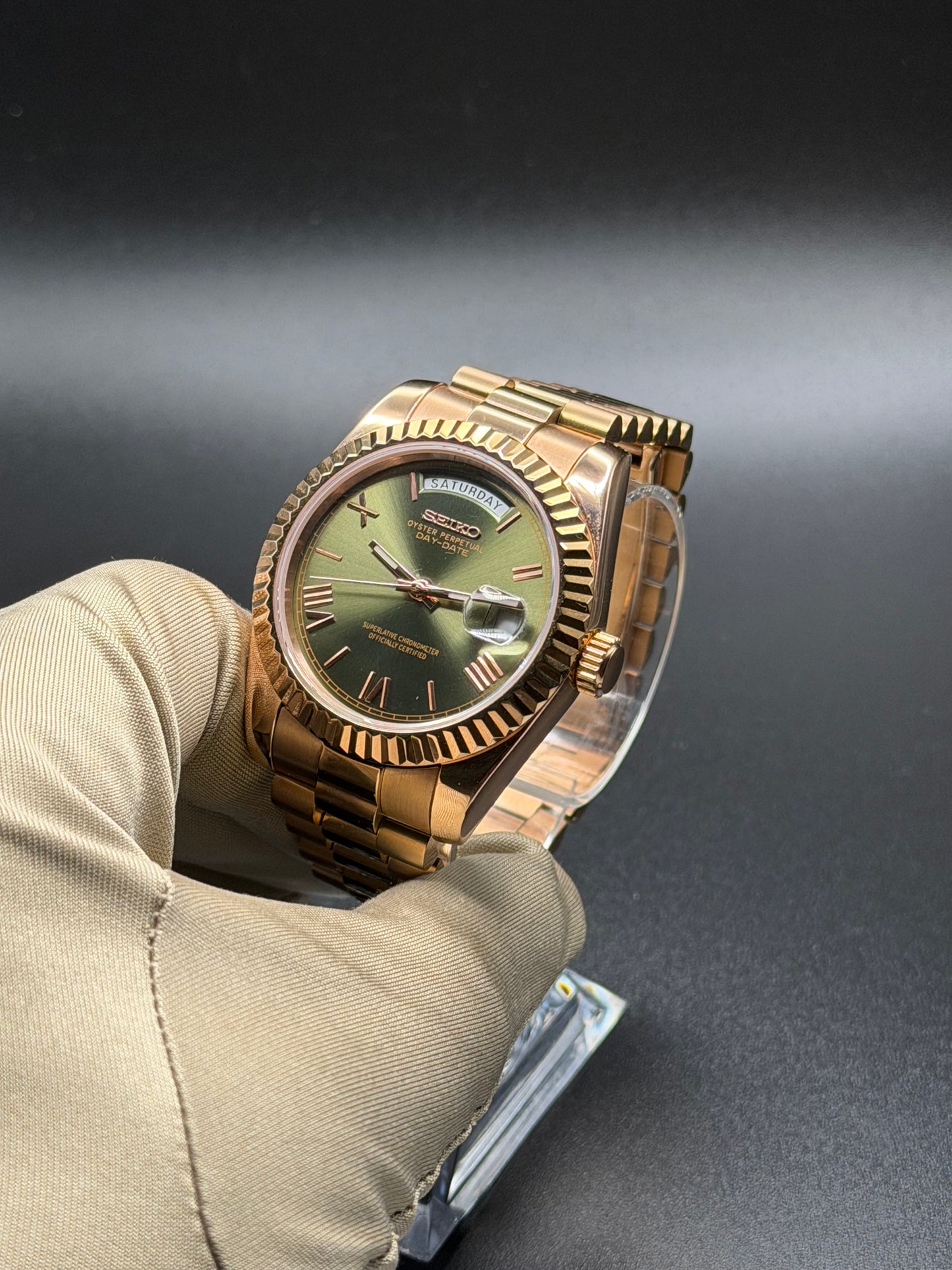 Seiko Day-date Mod ‘Rose Gold Roman Green Dial’ 36/39