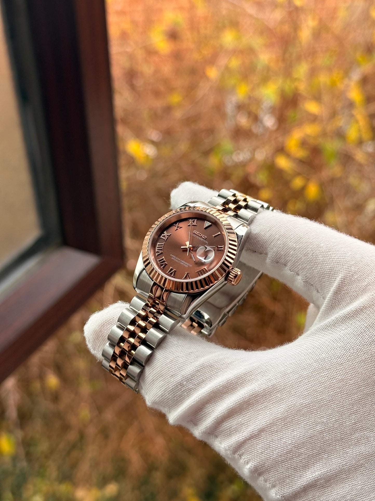 Seiko Ladies Date-just Mod ‘Rose Gold- Roman Chocolate Dial’ 31mm