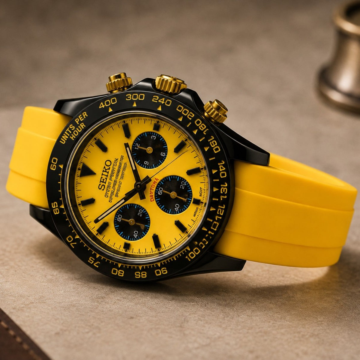 Seiko Daytona Mod ‘Black Ceramic/ Yellow Dial’ Yellow FKM Strap 40