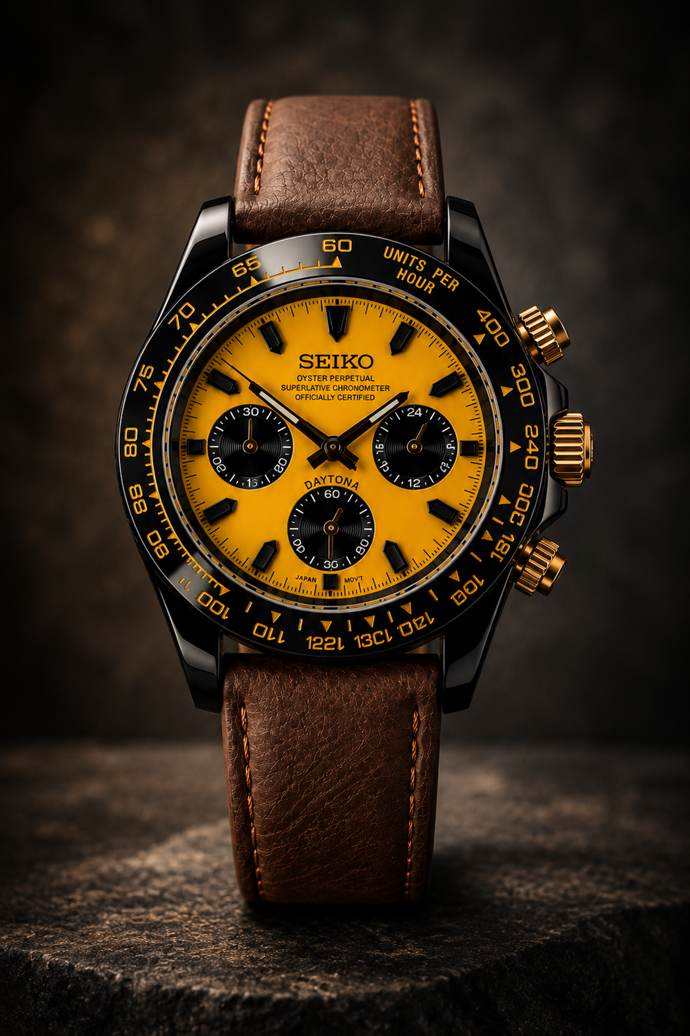 Seiko Daytona Mod Black ‘Ceramic/ Yellow Dial’ Brown Leather Strap