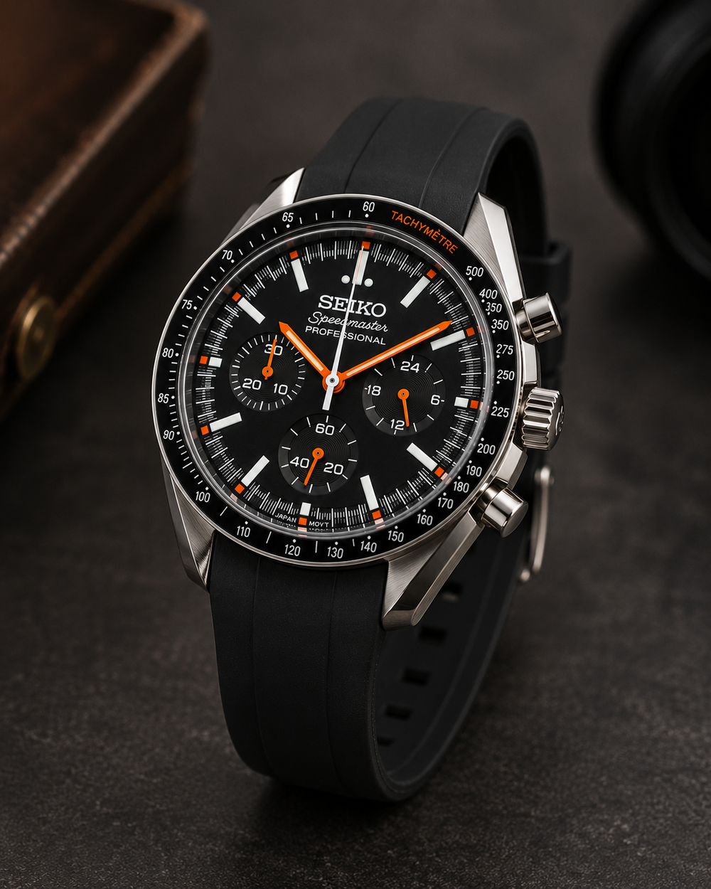 Seiko Speedmaster Mod ‘Black/Orange Dial’ Black FKM Rubber Strap