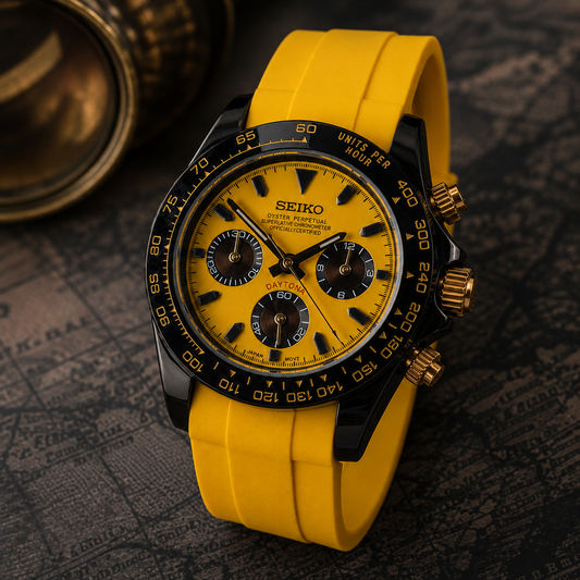 Seiko Daytona Mod ‘Black Ceramic/ Yellow Dial’ Yellow FKM Strap 40