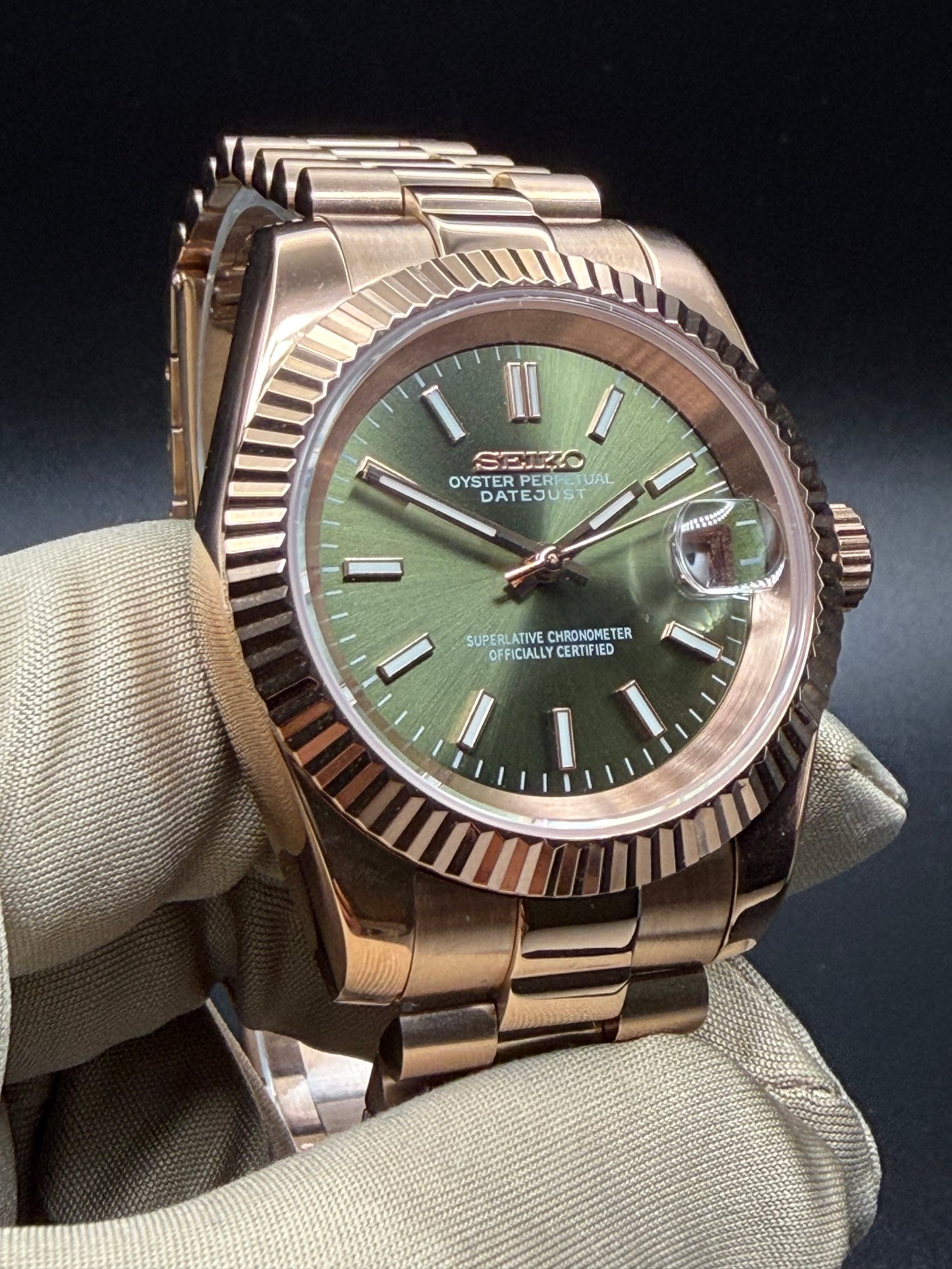 Seiko Date-just Mod ‘Rose Gold/ Olive Green Stick Dial’ 36/39