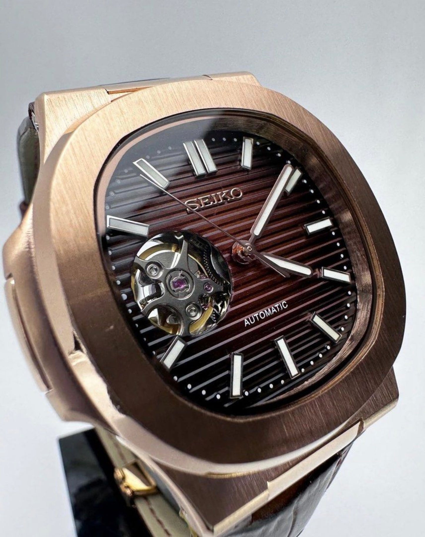 Seiko Nautilus Mod Rose Gold ‘Seikonaut Brown Leather Strap’ Open Heart 40