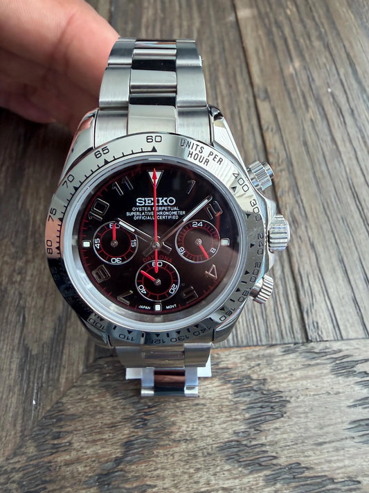 Seiko Daytona Mod Steel Bezel ‘Black Dial Red Hands’ 40