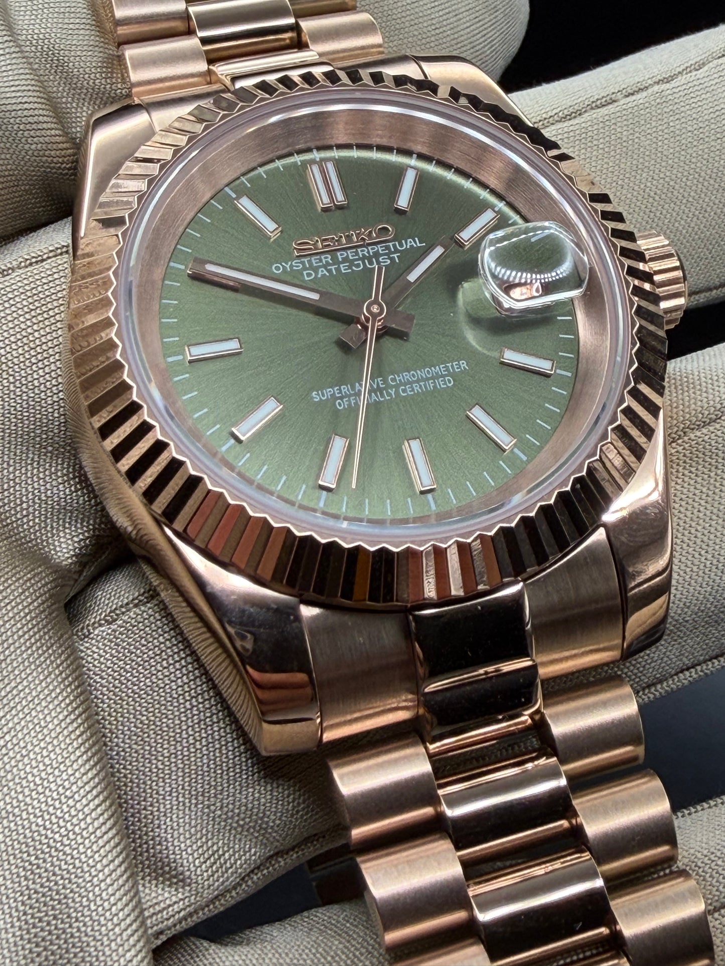 Seiko Date-just Mod ‘Rose Gold/ Olive Green Stick Dial’ 36/39