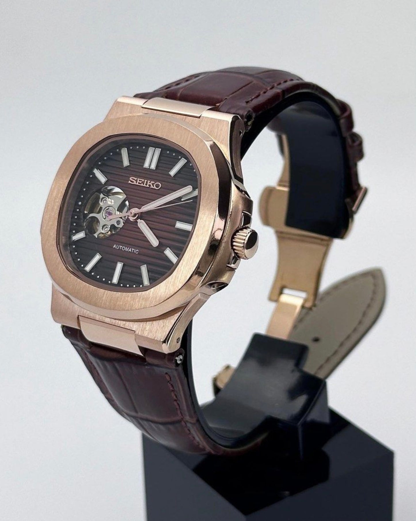 Seiko Nautilus Mod Rose Gold ‘Seikonaut Brown Leather Strap’ Open Heart 40