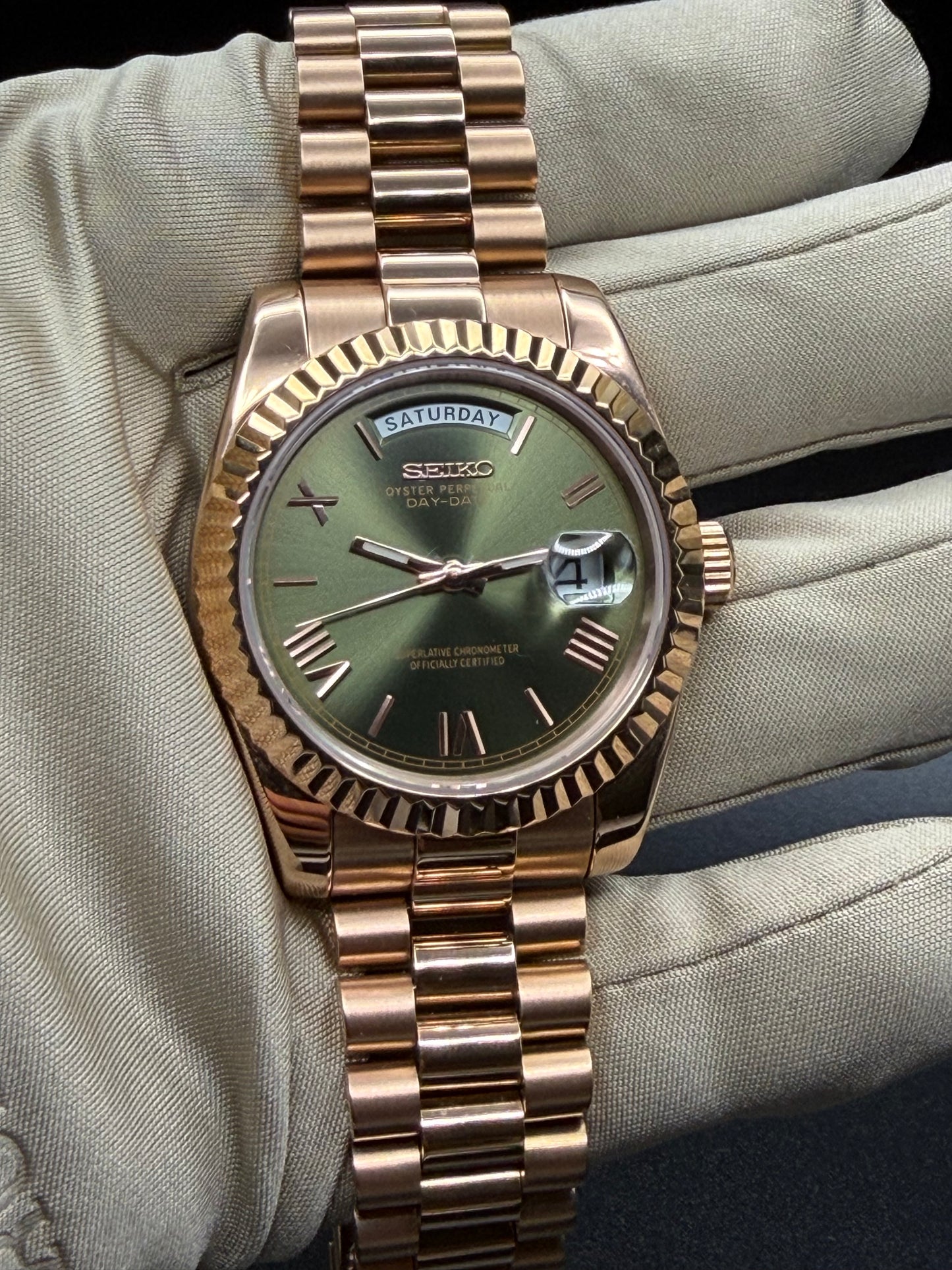 Seiko Day-date Mod ‘Rose Gold Roman Green Dial’ 36/39