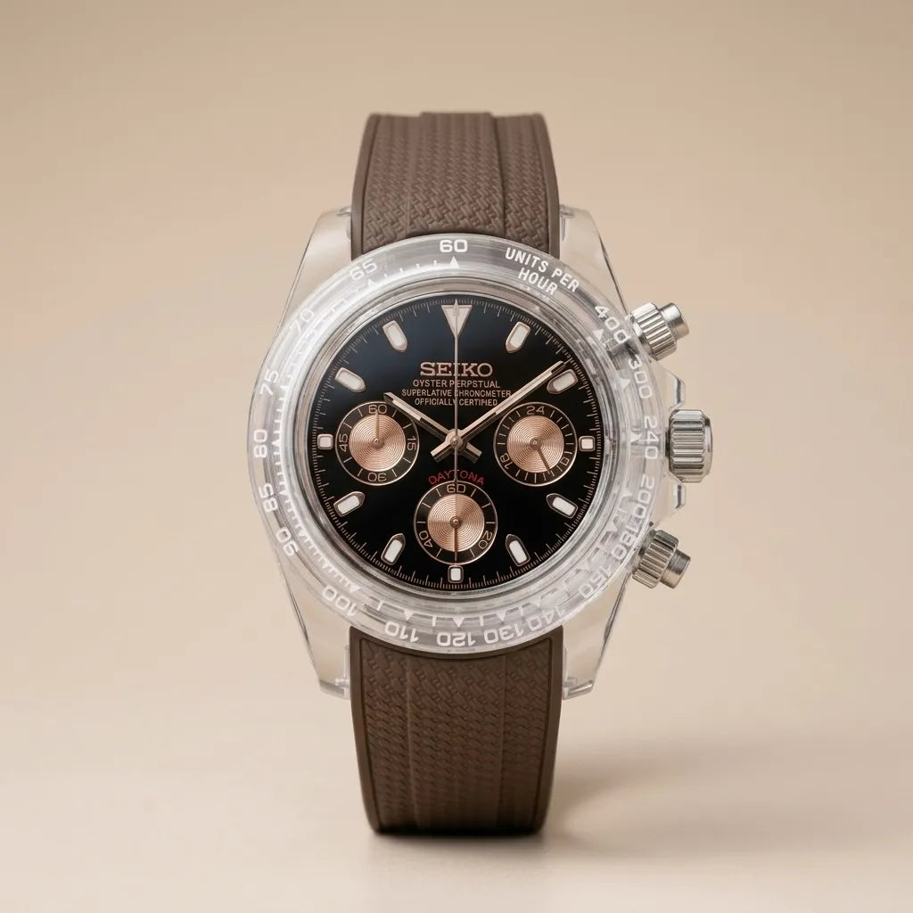 Seiko Daytona Mod Transparent Case ‘Black dial/ Brown Strap’ 40