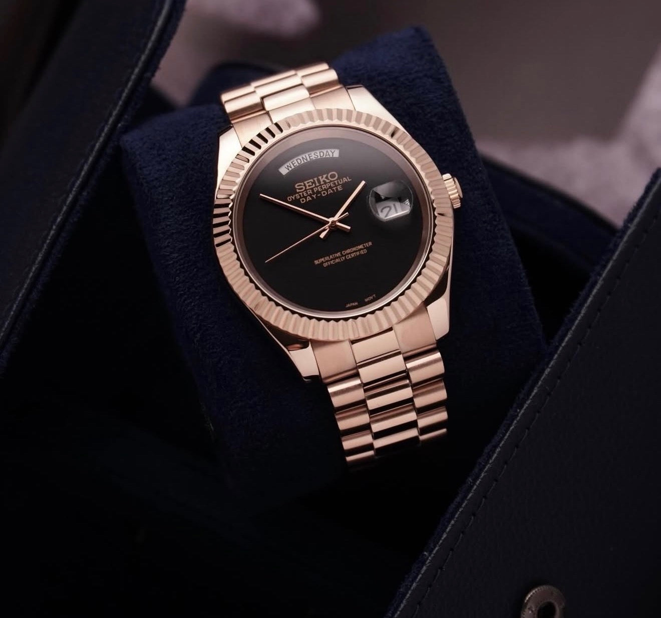 Seiko Day-date Mod Rose Gold ‘All Black Dial’ 36/39