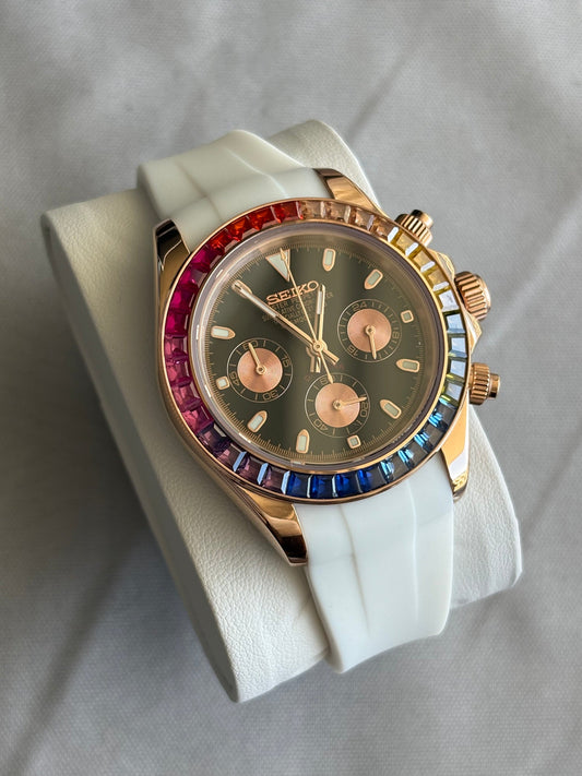 Seiko Daytona Mod Rose Gold ‘Rainbow Bezel/ White Rubber Strap’ 40