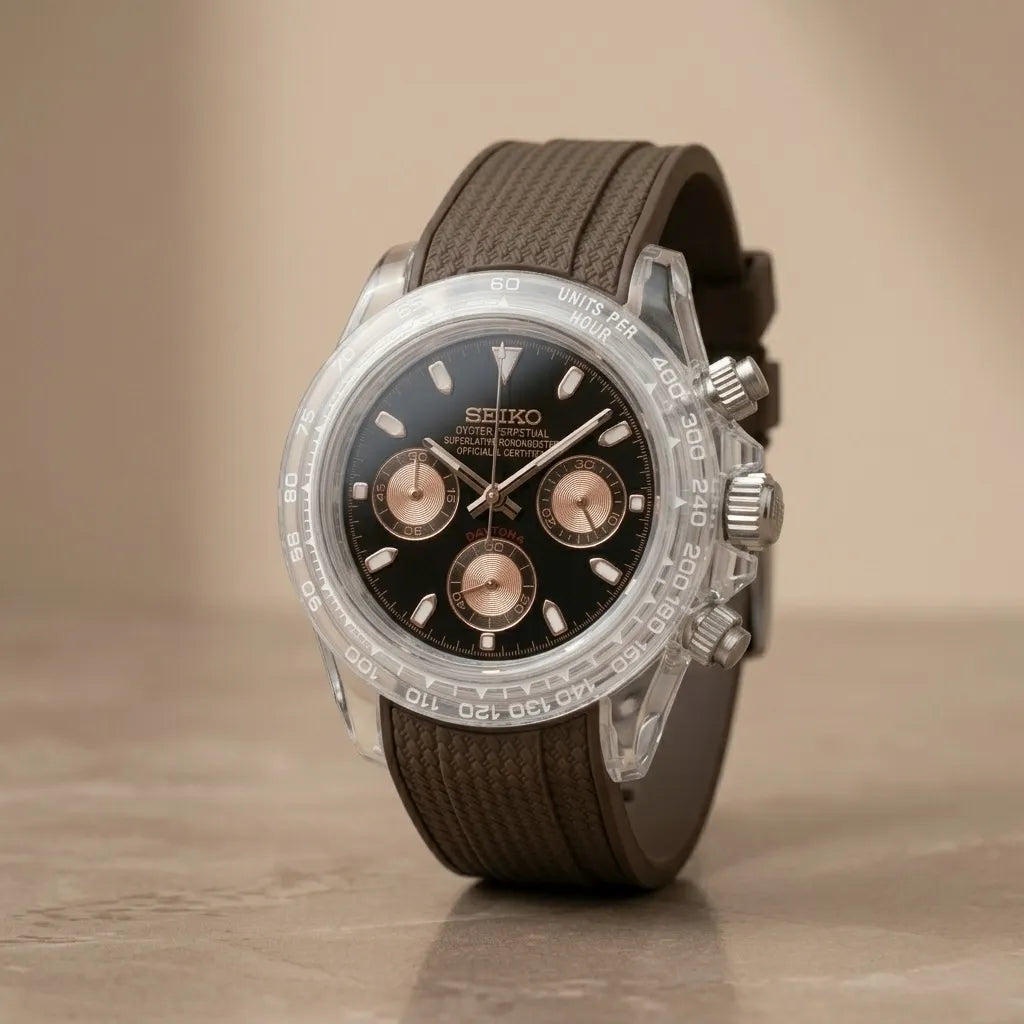 Seiko Daytona Mod Transparent Case ‘Black dial/ Brown Strap’ 40