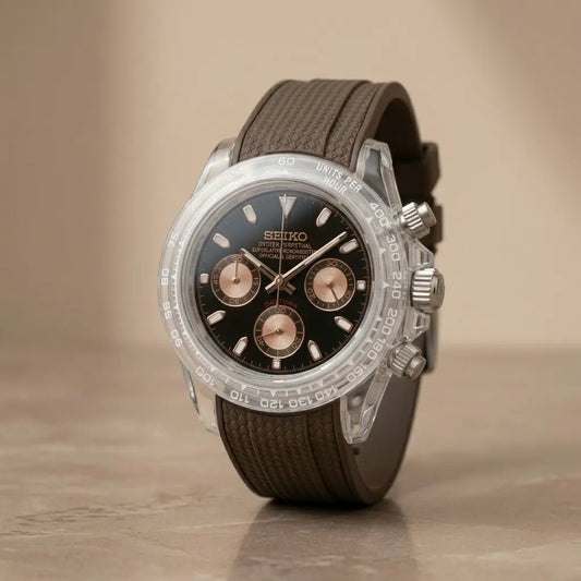 Seiko Daytona Mod Transparent Case ‘Black dial/ Brown Strap’ 40