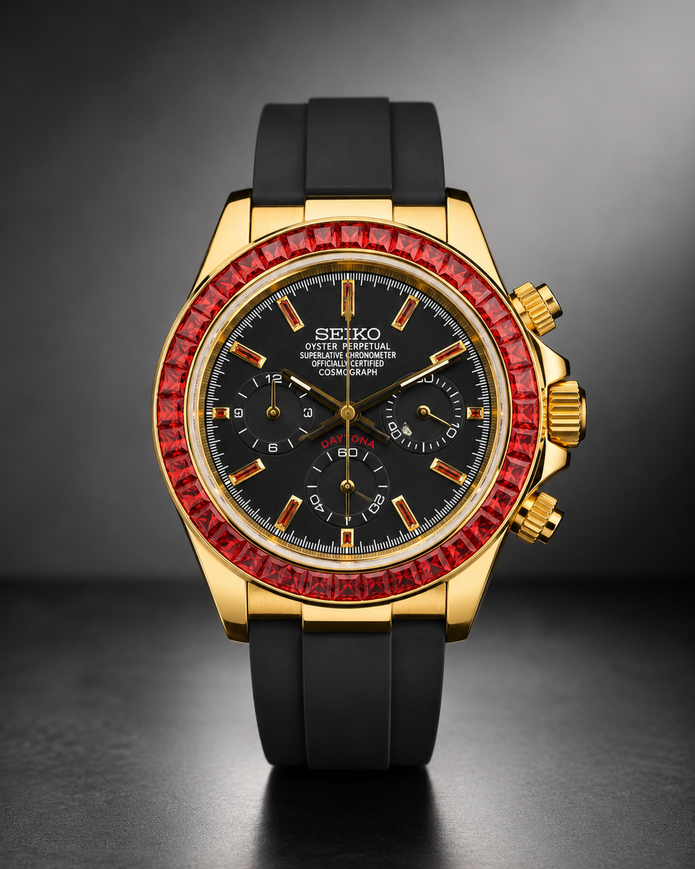 Seiko Daytona Mod Oyster-flex ‘Ruby red bezel/ Black Dial’ 40