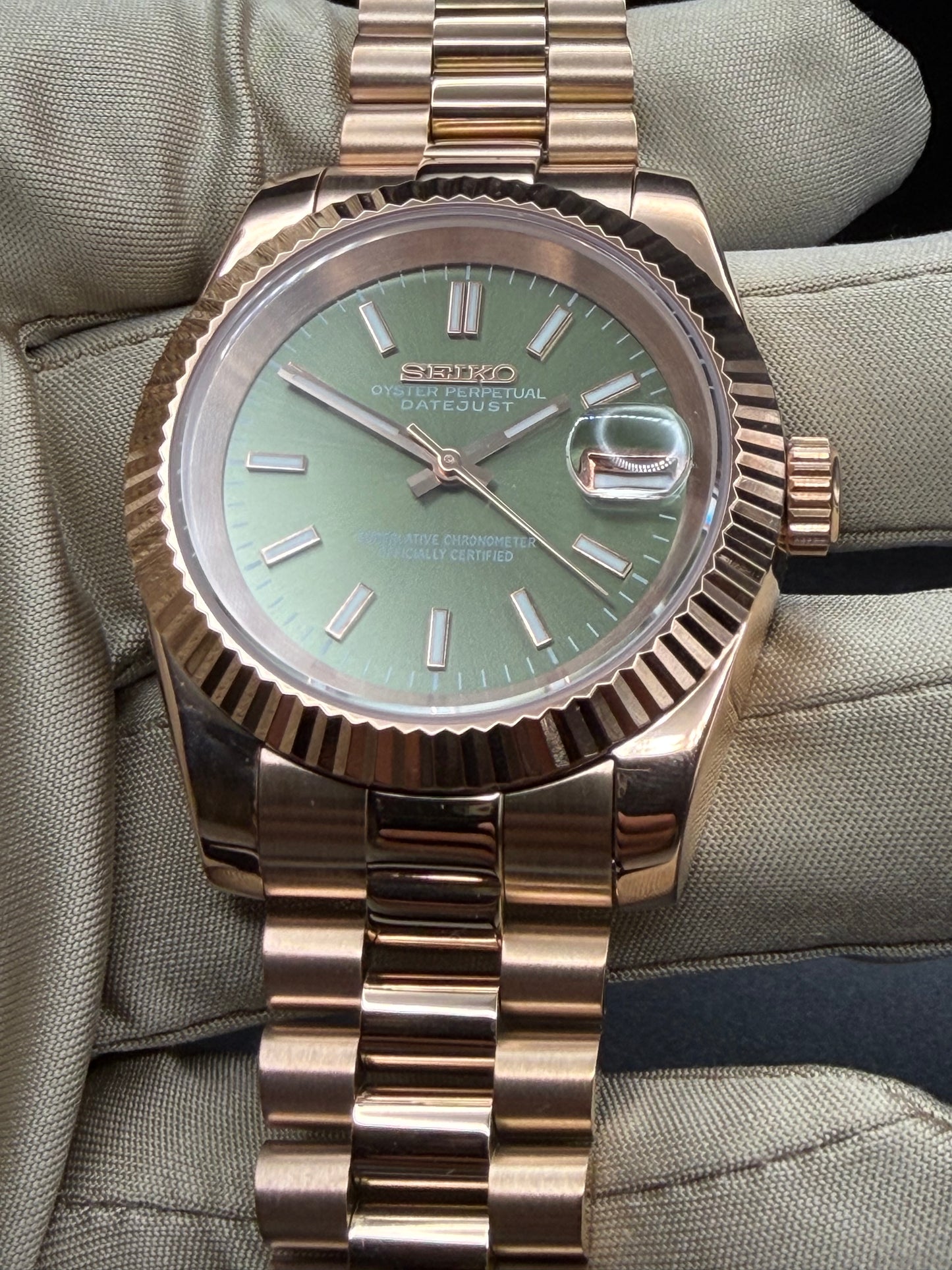 Seiko Date-just Mod ‘Rose Gold/ Olive Green Stick Dial’ 36/39