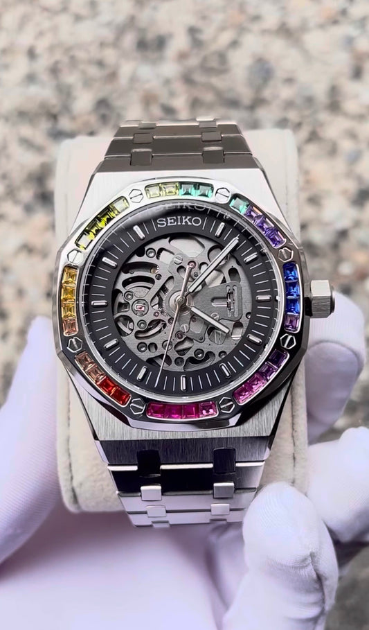 Seiko Royal Oak Mod ‘Steel Skeleton/Rainbow Bezel’ 40 (NH72)