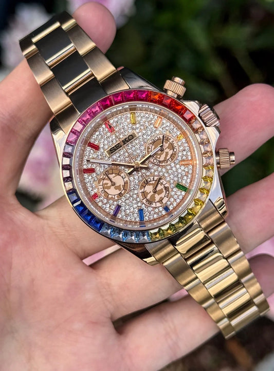 Seiko Daytona Mod Rose Gold ‘Rainbow Bezel/Iced Dial’ 40