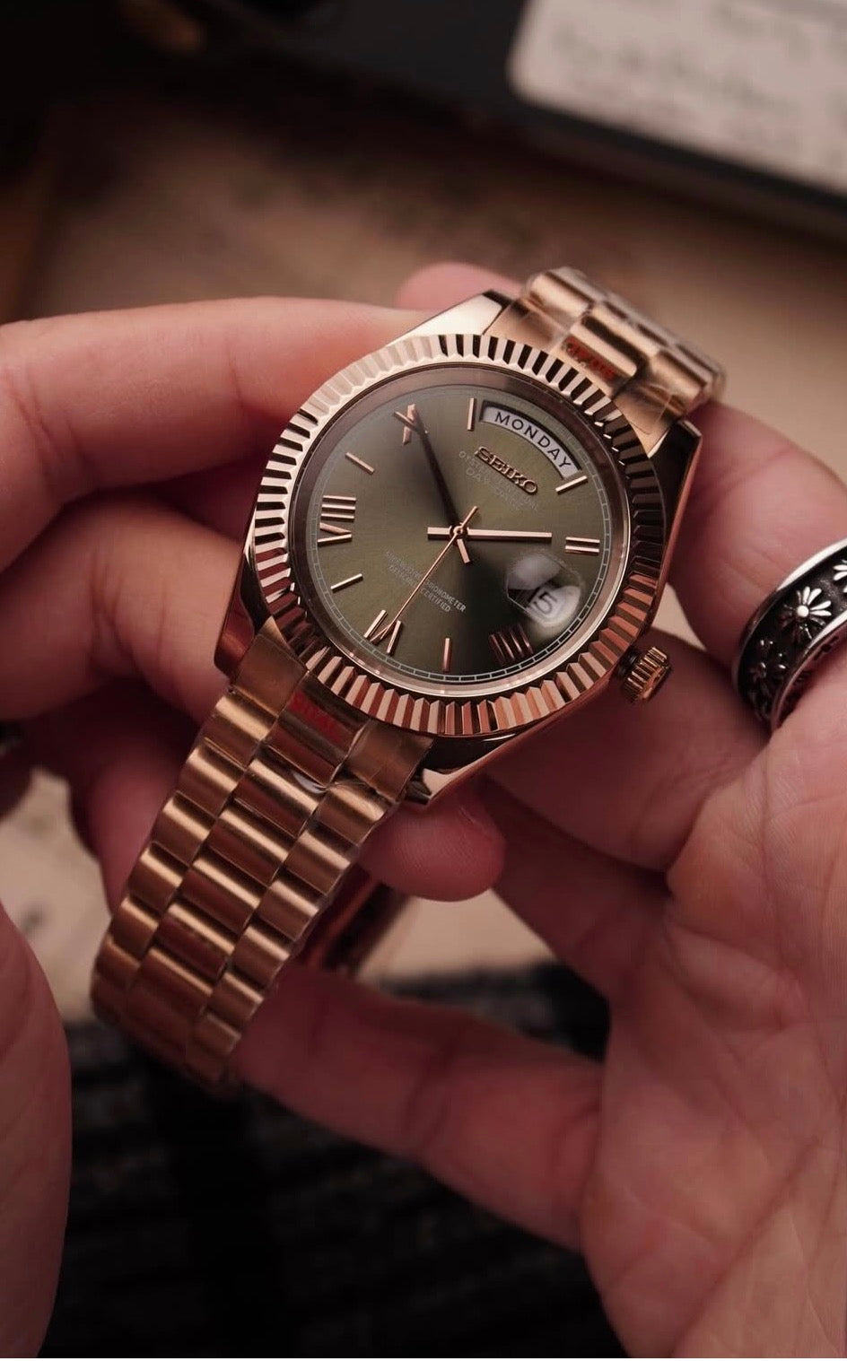 Seiko Day-date Mod ‘Rose Gold Roman Green Dial’ 36/39