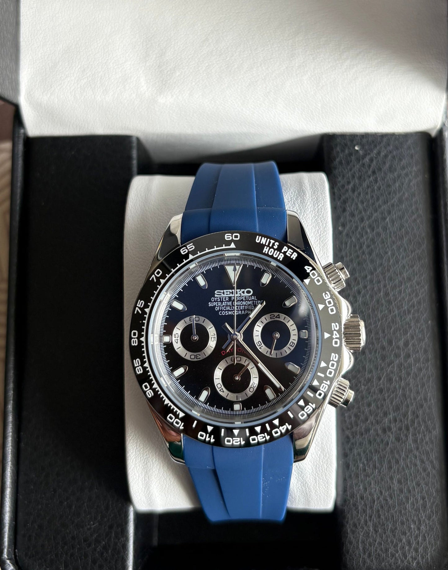 Seiko Daytona Mod ‘Black Dial/ Blue Rubber Strap’ 40