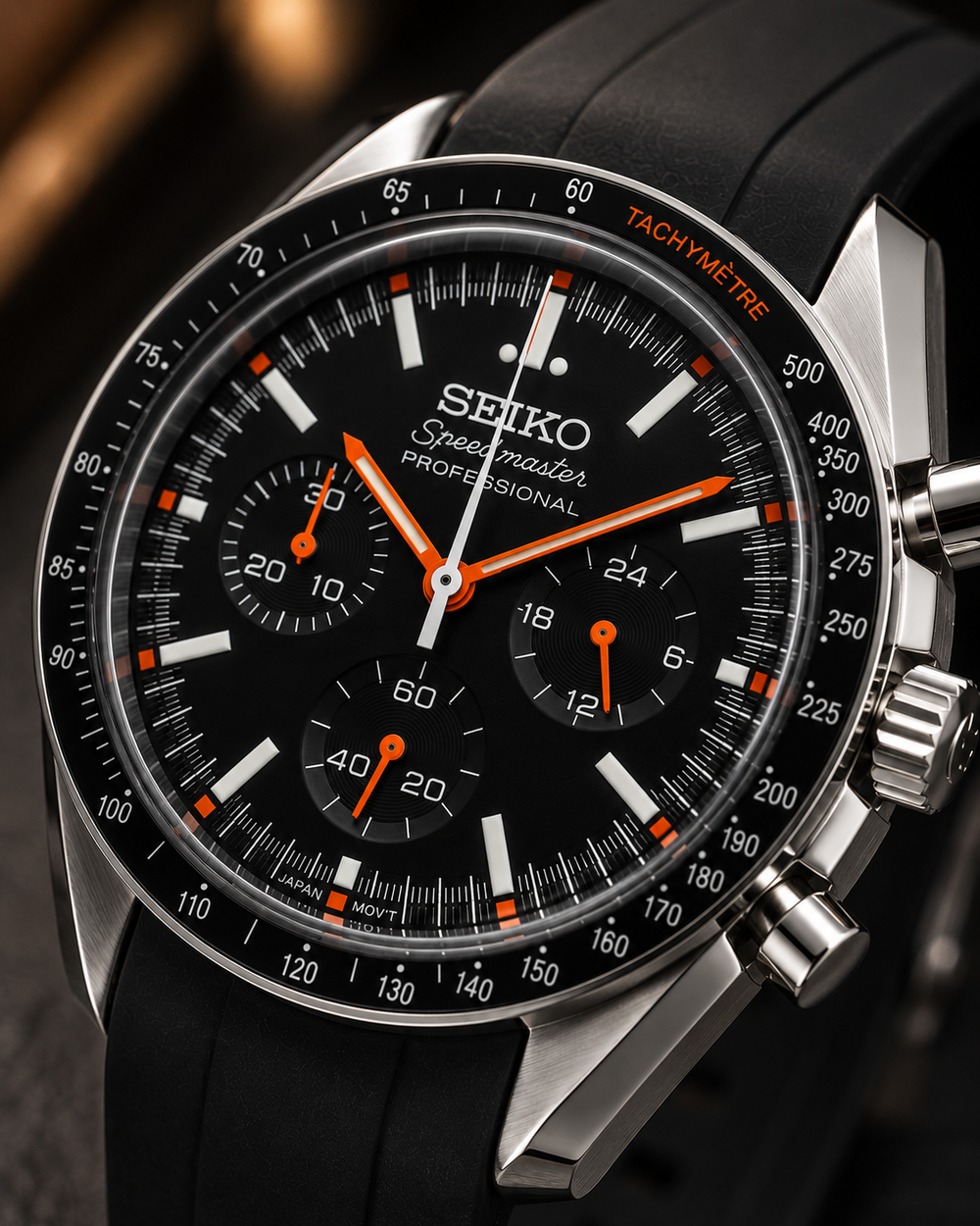 Seiko Speedmaster Mod ‘Black/Orange Dial’ Black FKM Rubber Strap