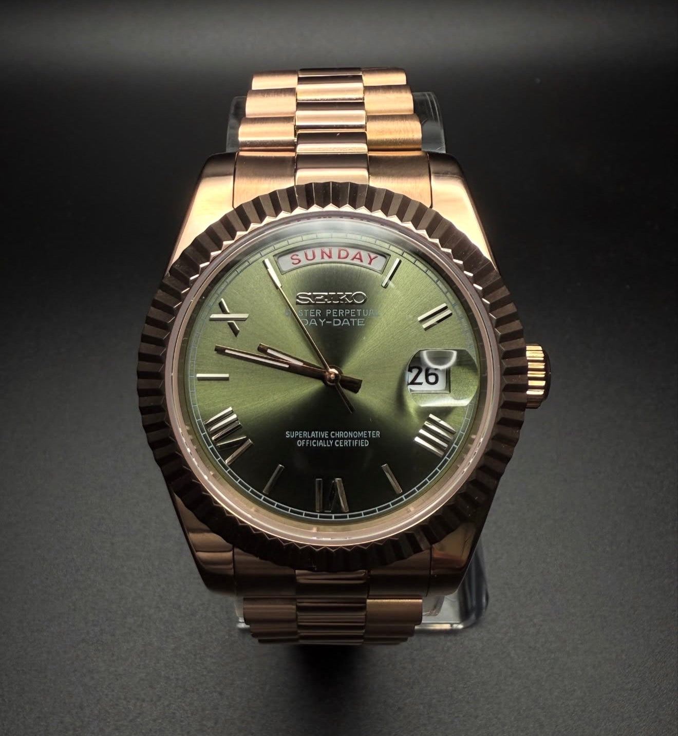 Seiko Day-date Mod ‘Rose Gold Roman Green Dial’ 36/39