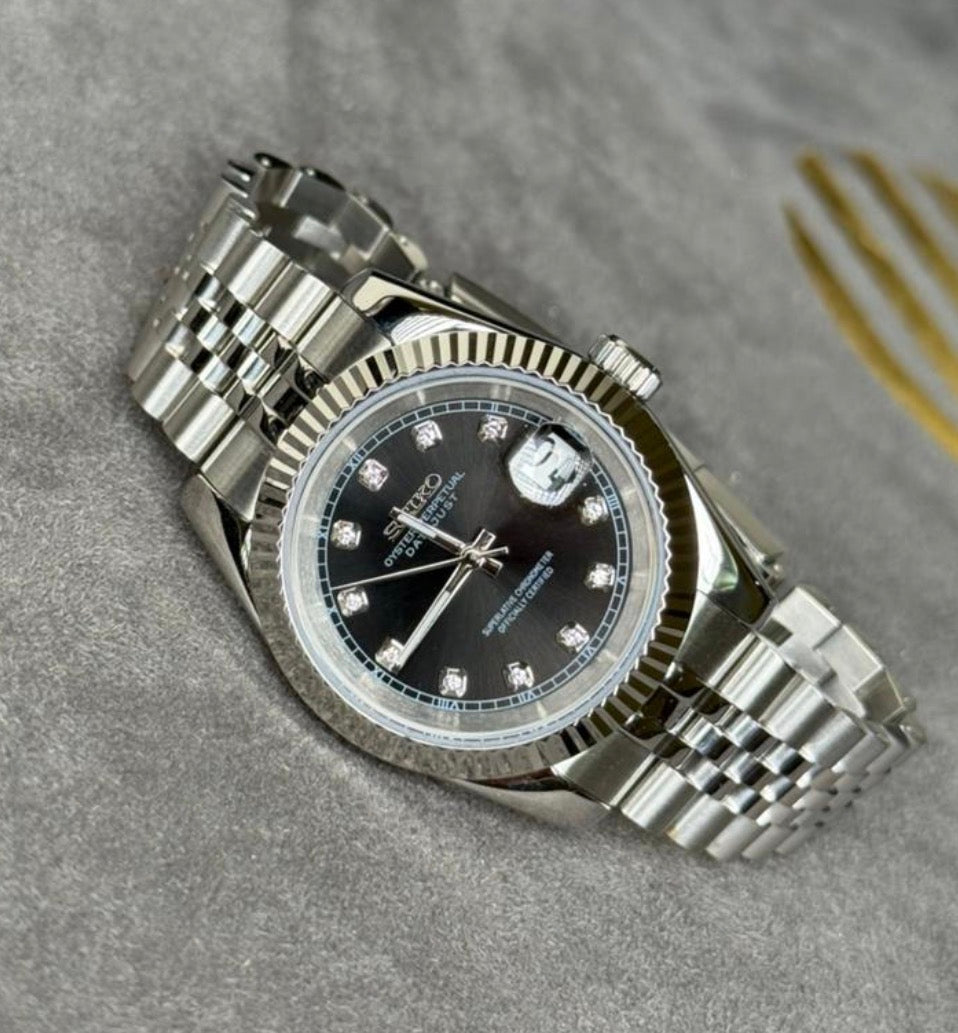 Seiko Date-just Mod ‘Steel Black Diamond Dial’ 36/39