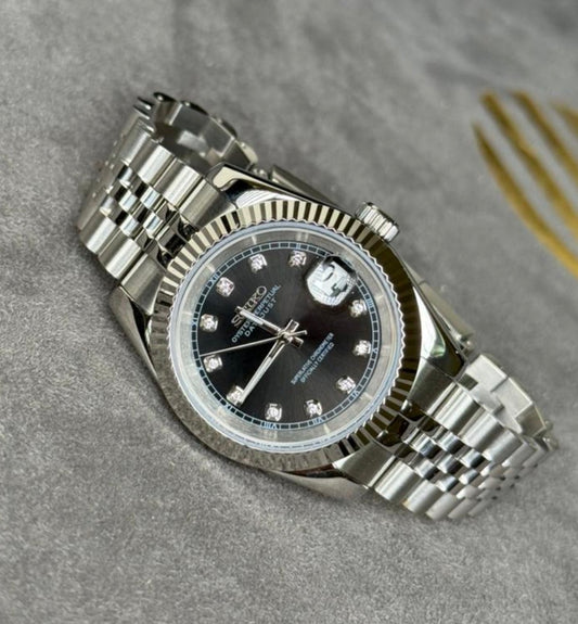 Seiko Date-just Mod ‘Steel Black Diamond Dial’ 36/39