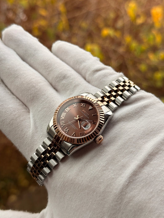 Seiko Ladies Date-just Mod ‘Rose Gold- Roman Chocolate Dial’ 31mm